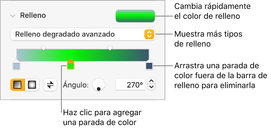 Controles para rellenar objetos con colores.