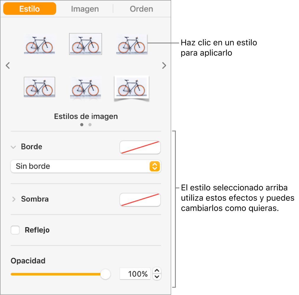 La pestaña Estilo de la barra lateral Formato con opciones de estilo de objeto.