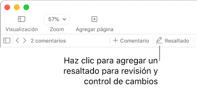 La barra de menús con el menú Insertar debajo, la barra de herramientas de Pages en la que se ven las herramientas de revisión y un mensaje en el botón Resaltado.