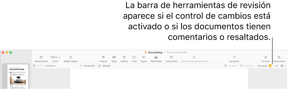 La barra de herramientas de Pages con el control de cambios activado y la barra de herramientas de revisión debajo de la barra de herramientas de Pages.