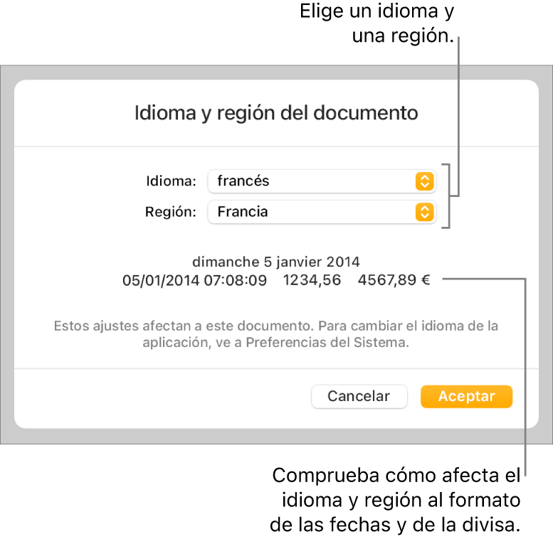 Panel “Idioma y región” con controles para el idioma y la región, y un ejemplo de formato que incluye la fecha, la hora, los decimales y la divisa.