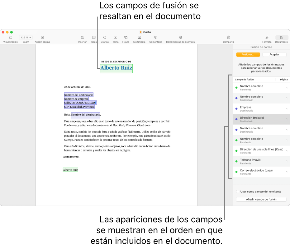 Documento de Pages con los campos de fusión de remitente y destinatario, y la lista de instancias del campo de fusión visible en la barra lateral Documento.