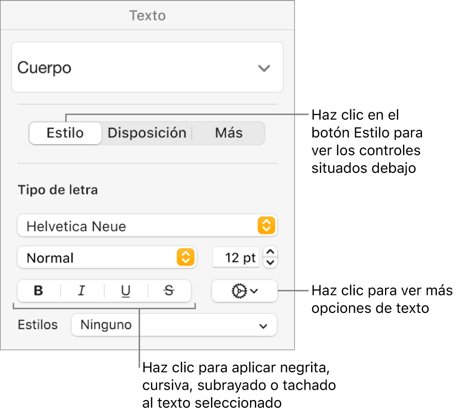 Los controles de Estilo de la barra lateral Formato con llamadas a los botones de Negrita, Cursiva, Subrayado y Tachado.