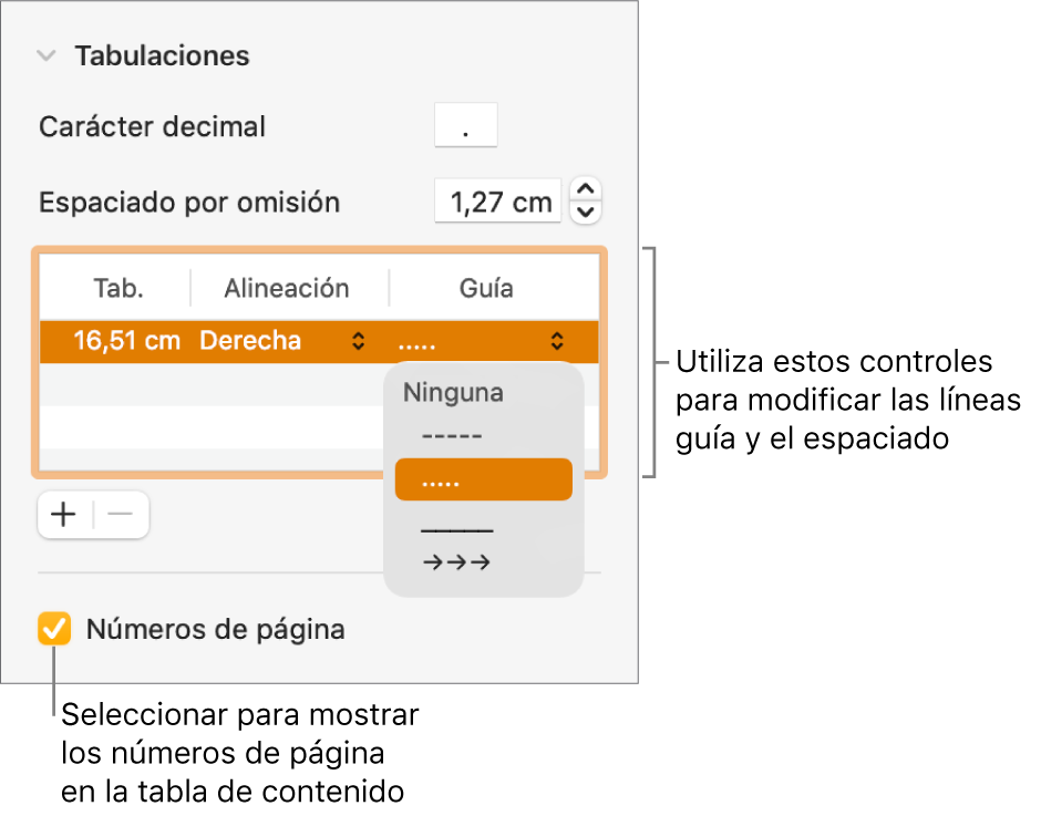 La sección de las pestañas de la barra lateral Formato. Debajo de “Espaciado por omisión” hay una tabla con las columnas Tab., Alineación y Guía. Aparece una casilla “Números de página” seleccionada debajo de la tabla.