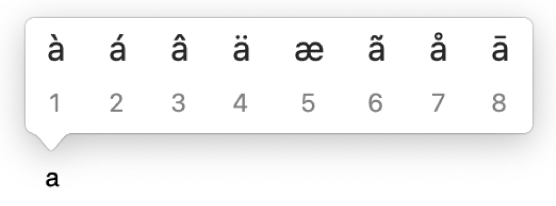 El menú de acentos abierto con las opciones para acentos y otros signos diacríticos de la letra “a”.