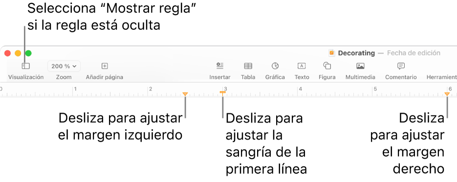 La regla con el control de margen izquierdo y el control de sangría de la primera línea.