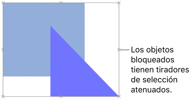 Objetos bloqueados con tiradores de selección atenuados.