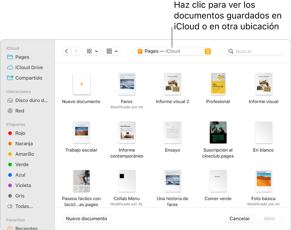 El cuadro de diálogo Abrir con la barra lateral abierta a la izquierda y iCloud Drive seleccionado en el menú desplegable en la parte superior. En el cuadro de diálogo aparecen carpetas para Keynote, Numbers y Pages, junto con un botón “Nuevo documento”.