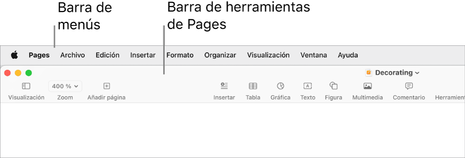 La barra de menús situada en la parte superior de la pantalla con los menús Apple, Pages, Archivo, Edición, Insertar, Formato, Disposición, Visualización, Compartir, Ventana y Ayuda. Debajo de la barra de menús hay un documento abierto de Pages con los botones Visualización, Zoom, “Añadir página”, Insertar, Tabla, Gráfica, Texto, Figura, Multimedia y Comentario de la barra de herramientas por la parte superior.