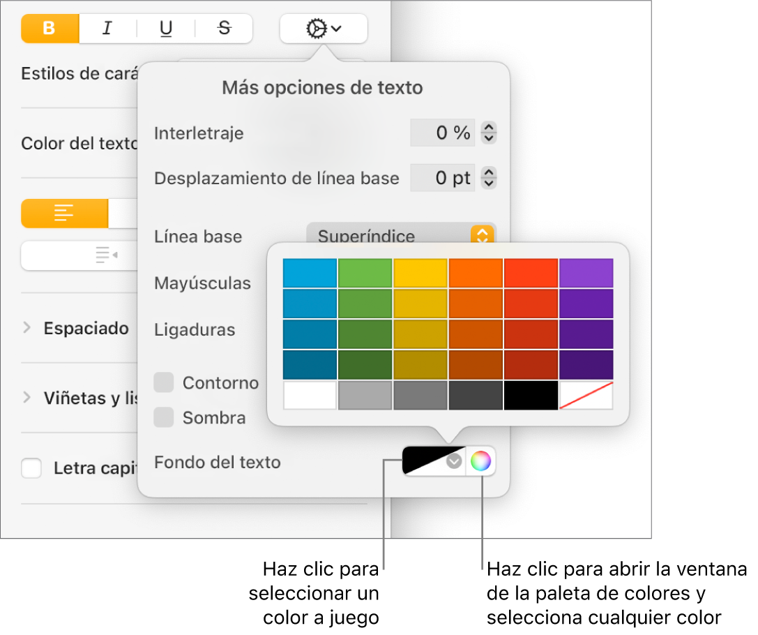 Controles para elegir un color de fondo para el texto.