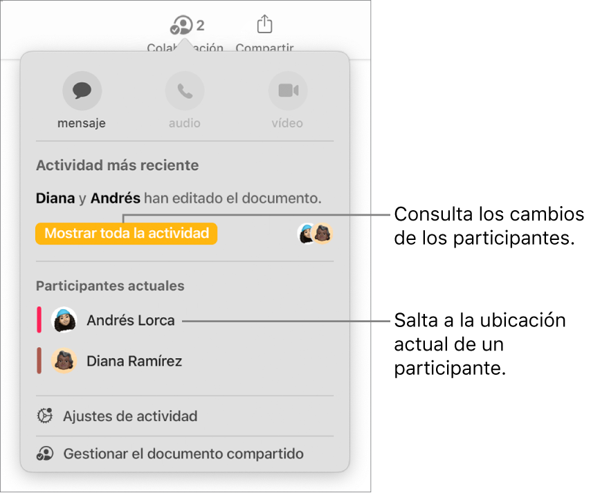 El menú de colaboración con dos participantes actuales.