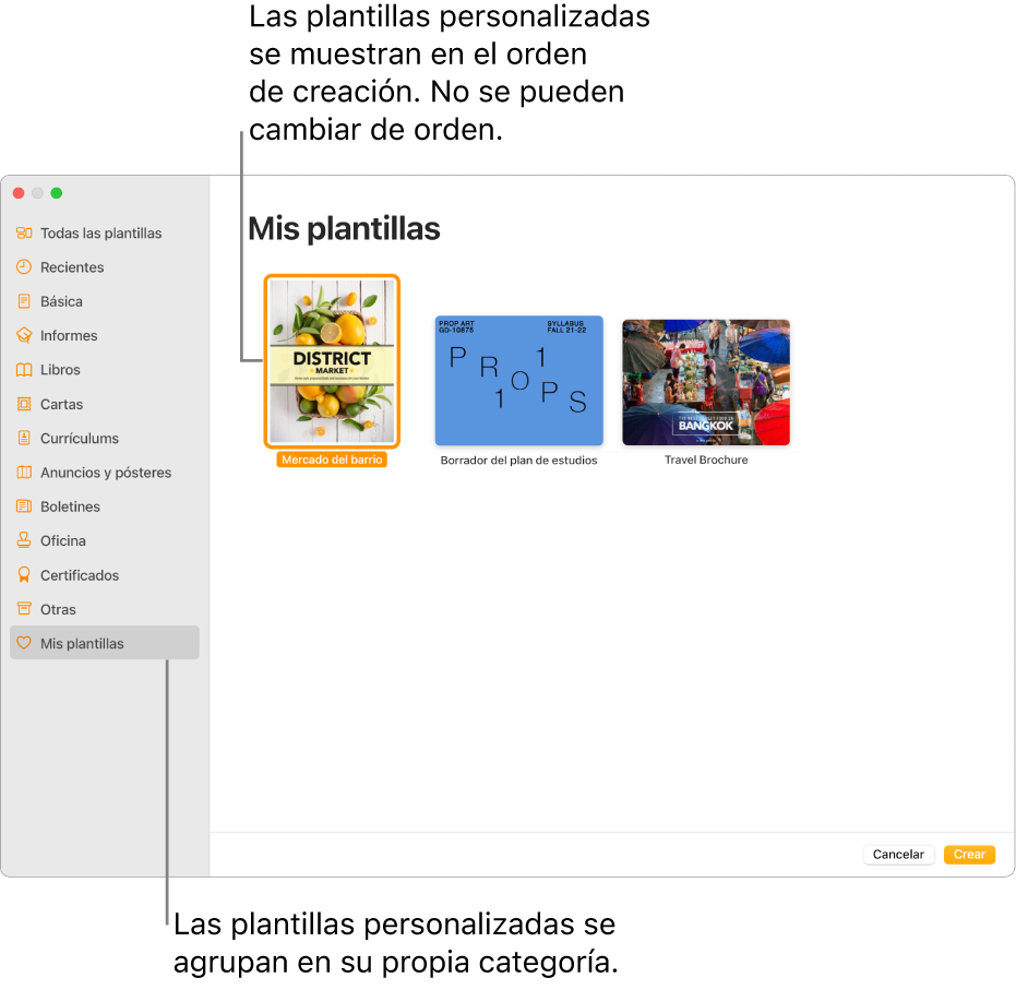 El selector de plantilla con la categoría “Mis plantillas” situada en el extremo izquierdo. Las plantillas personalizadas aparecen en el orden que se crearon y no se pueden reorganizar.