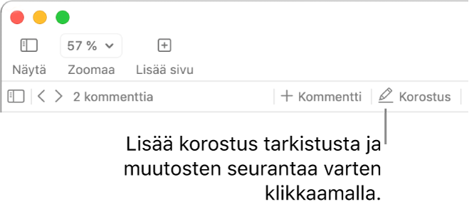 Valikkopalkki, jossa näkyy Lisää-valikko ja sen alla Pages-työkalupalkki, jossa näkyy tarkistustyökaluja ja Korosta-painikkeen selite.