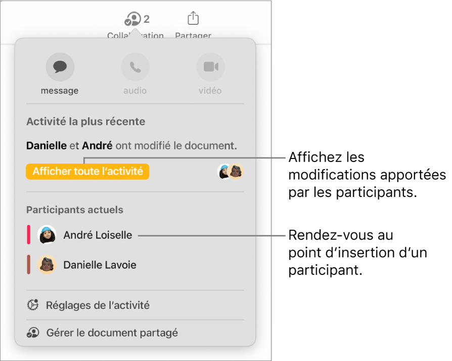 Le menu de collaboration avec deux participants actuels dans la liste.