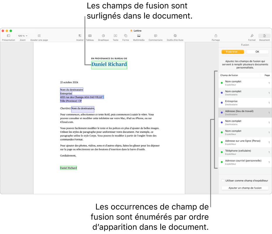 Document Pages avec champs de fusion de destinataire et d’expéditeur, et la liste des instances de champs de fusion visible dans la barre latérale Document.