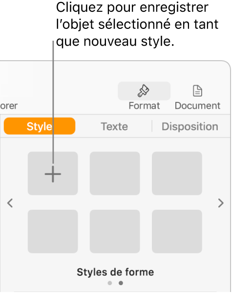 Onglet Style de la barre latérale Format avec bouton « Créer un style » dans le coin supérieur gauche et cinq paramètres fictifs de style vides.