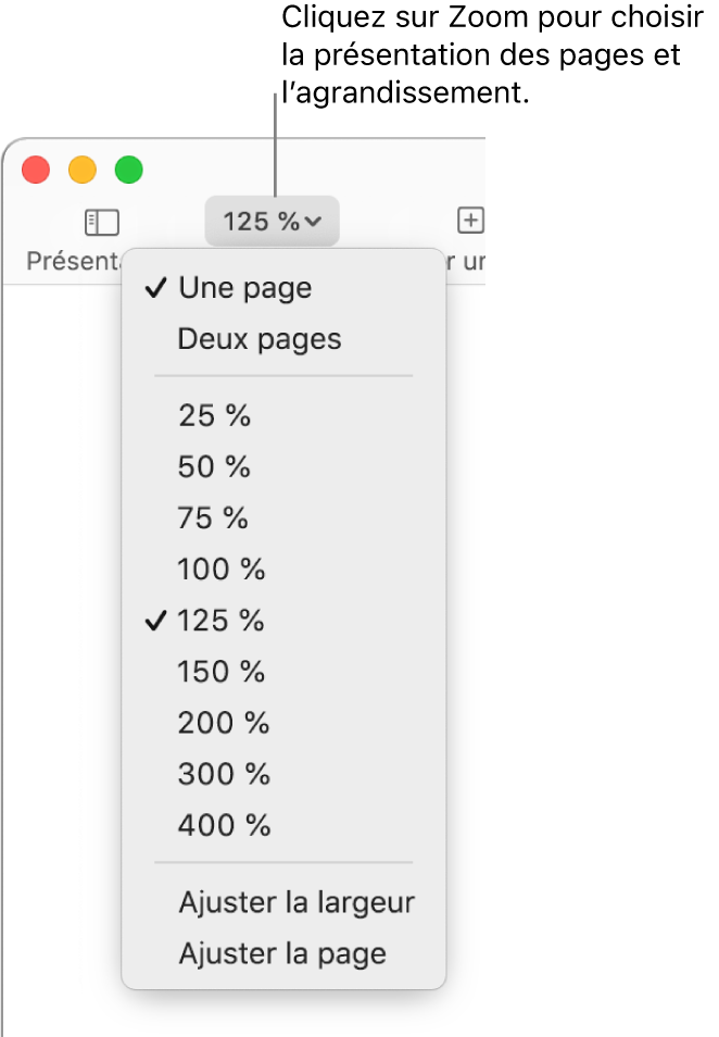 Le menu local Zoom avec des options pour afficher une page et deux pages en haut, des pourcentages de 25 % à 400 % en dessous, et « Ajuster la largeur » et « Ajuster la page » en bas.