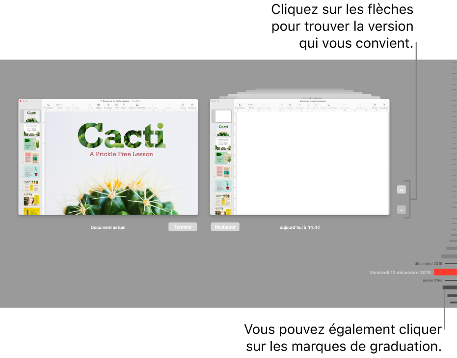 La timeline des versions avec le document actuel à gauche et une version récente à droite.