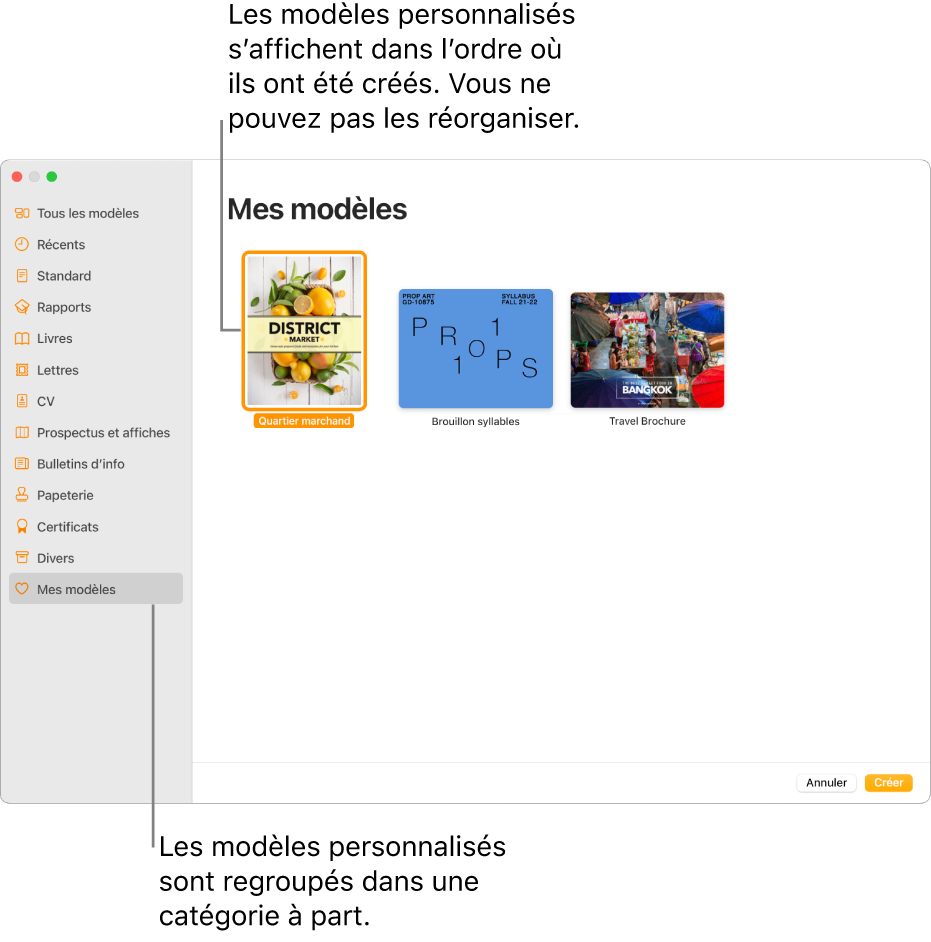 La liste de modèles avec « Mes modèles » comme dernière catégorie sur la gauche. Les modèles personnalisés s’affichent dans l’ordre selon lequel ils ont été créés et ne peuvent pas être réorganisés.