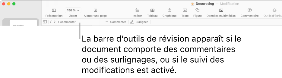 Barre d’outils de Pages en haut de l’écran présentant les boutons Présentation, Zoom, Ajouter une page, Insérer, Tableau, Graphique, Texte, Figure, Données multimédias et Commentaire. Sous la barre d’outils de Pages se trouve la barre d’outils de révision avec le bouton pour afficher ou masquer les commentaires, des flèches pour accéder au commentaire suivant ou précédent, le nombre total de commentaires et des boutons pour ajouter un commentaire ou mettre du texte en surbrillance.