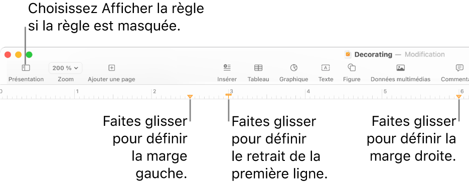 Règle présentant la commande de la marge gauche et la commande de retrait de la première ligne.