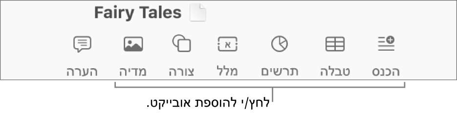 סרגל הכלים עם כפתורים להוספת טבלאות, תרשימים, מלל, צורות ומדיה.