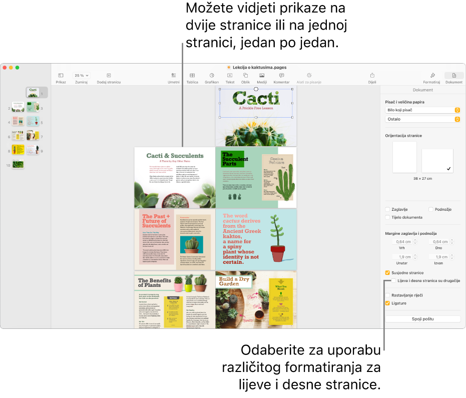 Prozor aplikacije Pages s minijaturama stranice i stranicama dokumenta prikazanom kao dvostranična širenja. U rubnom stupcu Dokument s desne strane, odznačena je potvrdna kućica “Lijeva i desna strana su različite“.