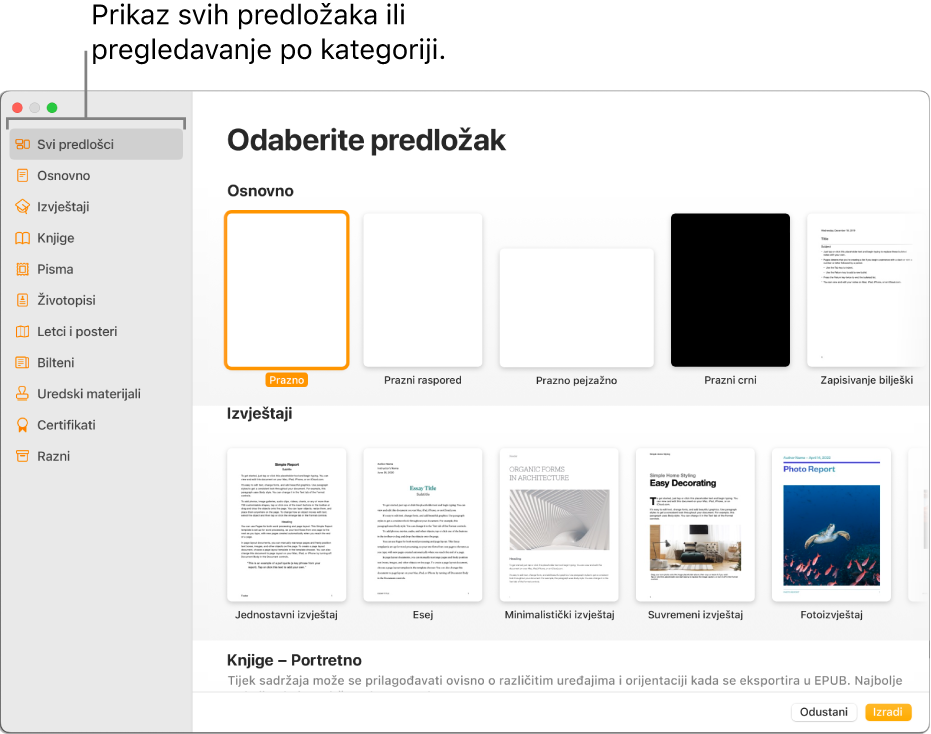 Izbornik predložaka. U rubnom stupcu s lijeve strane nalazi se popis kategorija predložaka koje možete kliknuti za filtriranje opcija. S desne su strane minijature postojećih predložaka organizirane u recima prema kategoriji počevši s kategorijom Osnovno pri vrhu, a zatim slijede kategorije Izvješća i Knjige – Portret. Tipke Poništi i Izradi nalaze se u donjem desnom kutu.