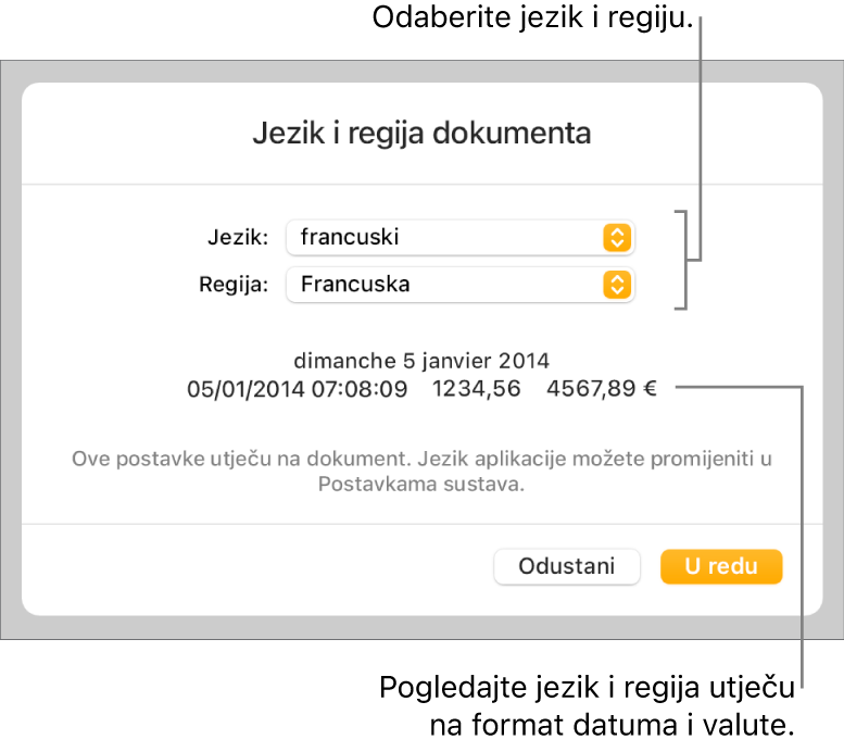 Prozor Jezik i regija s kontrolama za jezik i regiju te primjer formatiranja uključujući datum, vrijeme, decimalu i valutu.