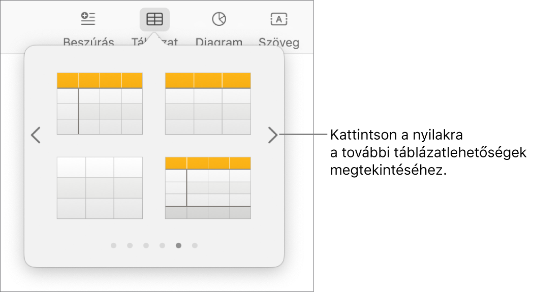A Táblázat hozzáadása menü navigációs nyilakkal.
