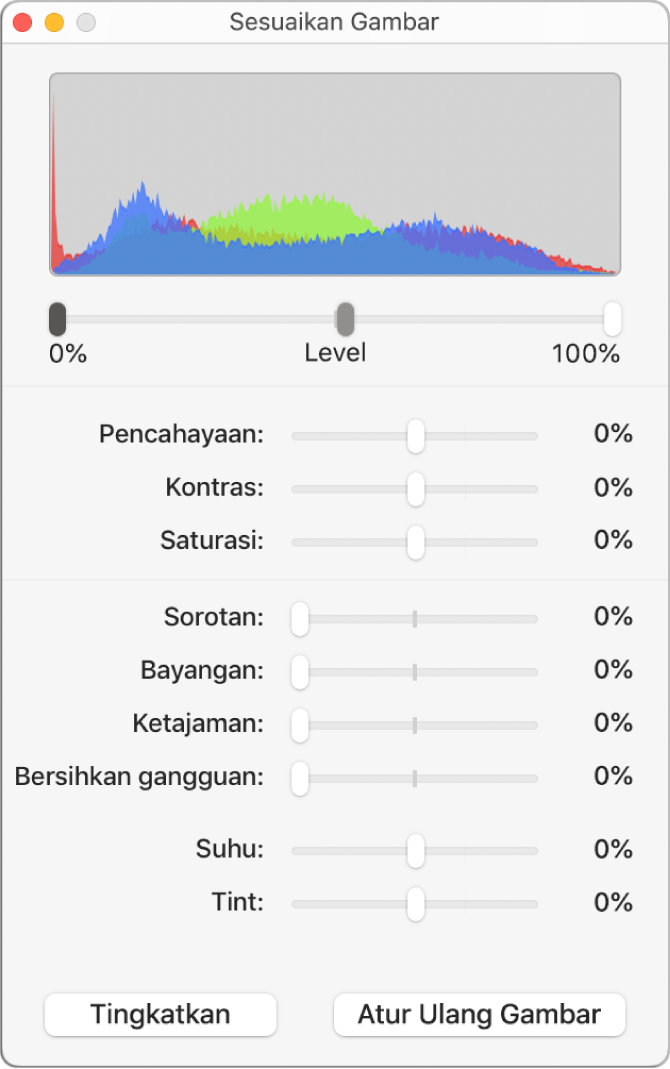 Jendela Sesuaikan Gambar dengan penggeser untuk mengatur pencahayaan, kontras, saturasi, sorotan, bayangan, pertajam, bersihkan gangguan, suhu, dan tint.