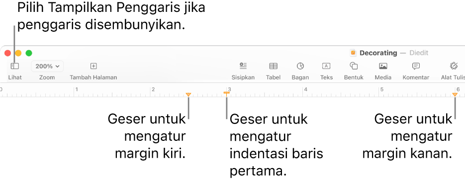 Penggaris dengan kontrol margin kiri dan kontrol indentasi baris pertama.