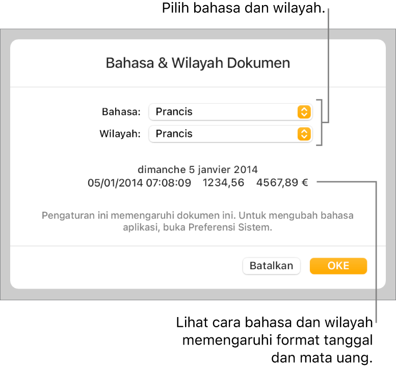 Panel Bahasa & Wilayah dengan kontrol untuk bahasa dan wilayah, serta contoh format termasuk tanggal, waktu, desimal, dan mata uang.