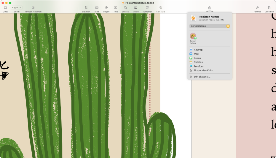 Dokumen terbuka dengan menu Bagikan terbuka.