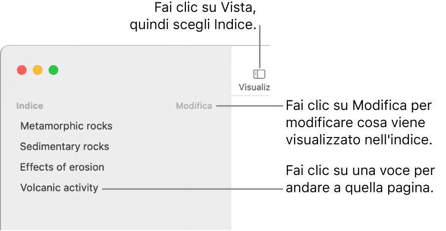 L’indice sul lato sinistro della finestra di Pages, con un pulsante Modifica nell’angolo superiore destro della barra laterale e le voci dell’indice in un elenco.