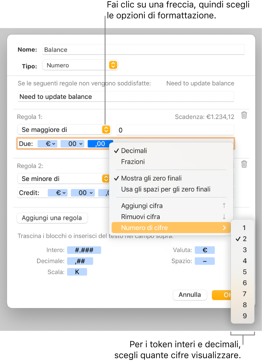 Finestra per la formattazione delle celle con controlli per scegliere opzioni di formattazione personalizzate.