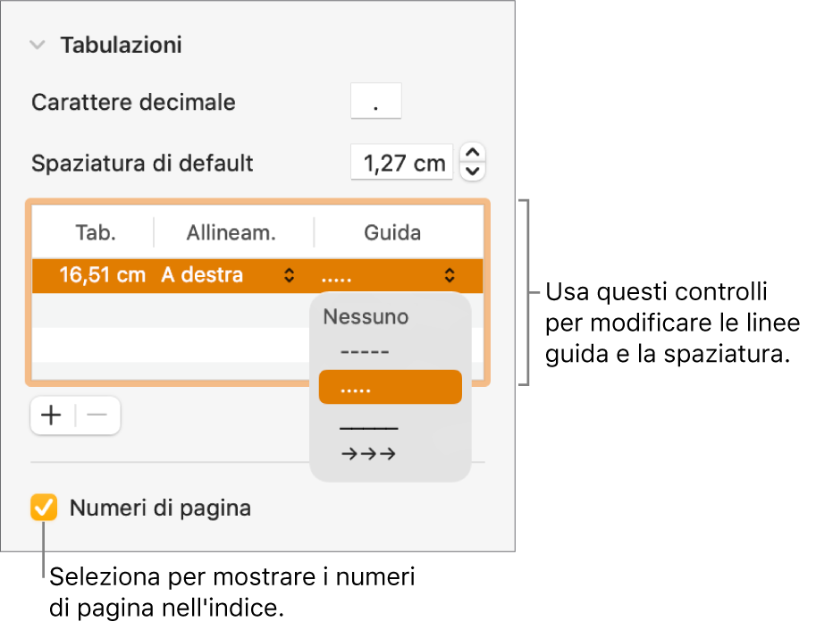 La sezione Tabulazioni della barra laterale Formattazione. Sotto a “Spaziatura di default” è presente una tabella con le colonne Tab., Allineamento e Guida. Un riquadro “Numeri di pagina” è selezionato e compare sotto alla tabella.