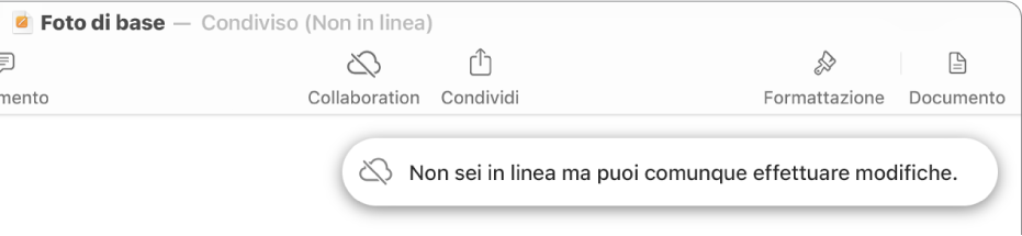 I pulsanti nella parte superiore dello schermo con il pulsante Collaborazione che si trasforma in una nuvola attraversata da una linea in trasversale. Un avviso sullo schermo dice “Non sei in linea ma puoi comunque effettuare modifiche.”