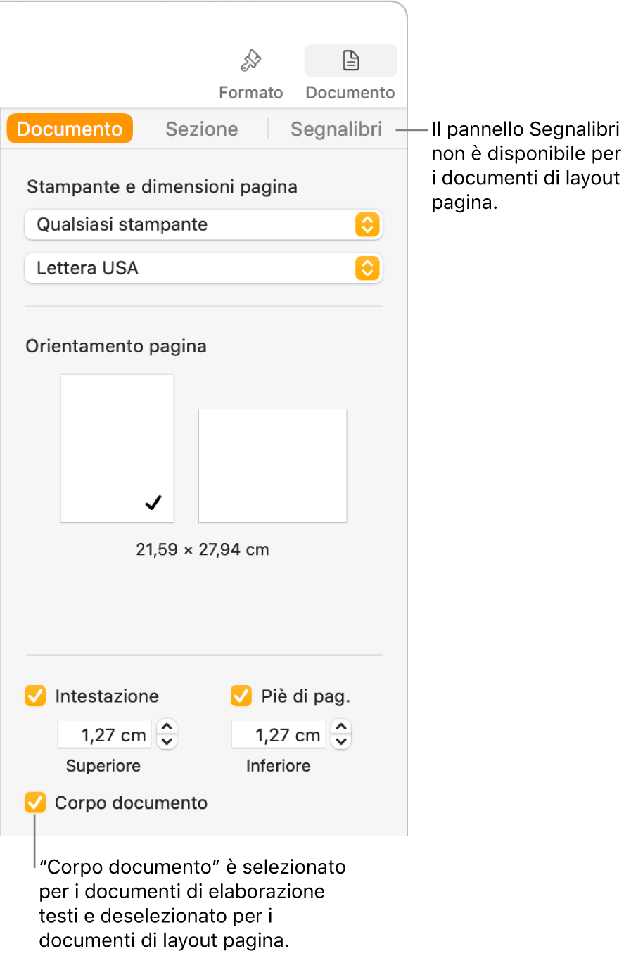 La barra laterale Formattazione, con i pannelli Documento, Sezione e Segnalibri nella parte superiore. Il pannello Documento è selezionato e una didascalia del pannello Segnalibri indica che i documenti di layout pagina non dispongono di un pannello Segnalibri. Il riquadro “Corpo documento” è selezionato, che indica anche che si tratta di un documento di elaborazione di testo.