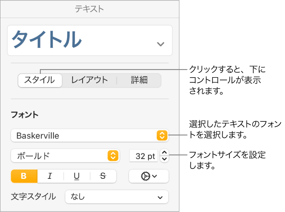 「フォーマット」サイドバーの「スタイル」セクションの、フォントとフォントサイズを設定するためのテキストコントロール。