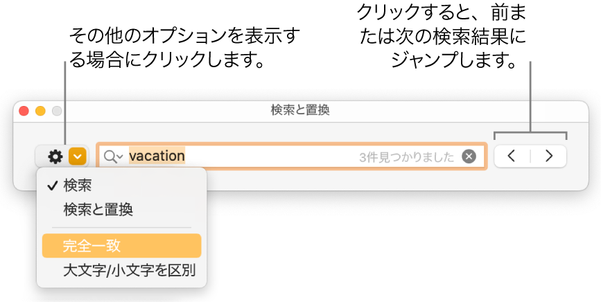 「検索と置換」ウインドウ。「検索」、「検索と置換」、「完全一致」、「大文字小文字を区別」のオプションを表示するポップアップメニューが表示された状態。右にある矢印で前または次の検索結果にジャンプできます。