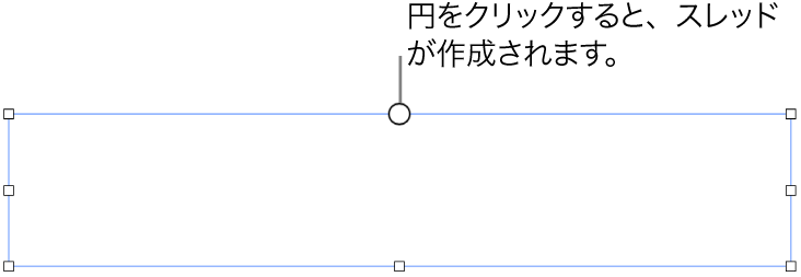 空のテキストボックス。上部に白い円があり、4隅および左右と下の枠線にサイズ変更ハンドルがあります。