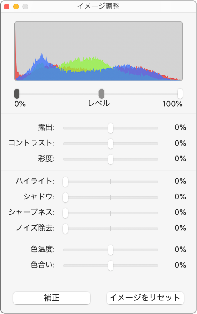 「画像調整」ウインドウ。露出、コントラスト、彩度、ハイライト、シャドウ、シャープネス、ノイズ除去、色温度、および色合いを設定するためのスライダが表示された状態。