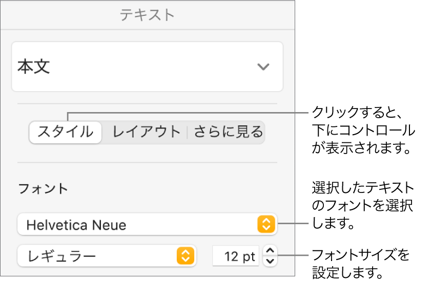 「フォーマット」サイドバーの「スタイル」セクションの、フォントとフォントサイズを設定するためのテキストコントロール。
