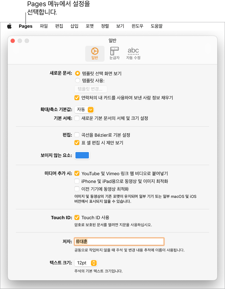Pages 설정 패널에서 일반 탭이 열려 있음.