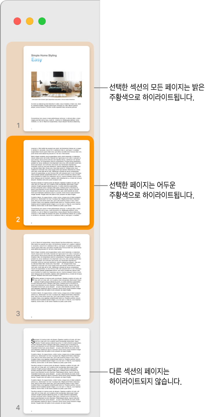 썸네일 보기 사이드바에 선택한 페이지가 어두운 주황색으로 하이라이트되고, 선택한 섹션의 모든 페이지가 밝은 주황색으로 하이라이트됨.