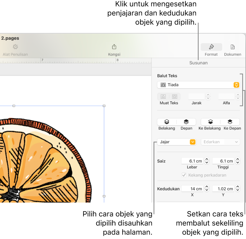 Menu Format dengan bar sisi Susun dipaparkan. Seting Peletakan Objek berada di bahagian atas bar sisi Susun, dengan seting Balut Teks di bahagian bawah.