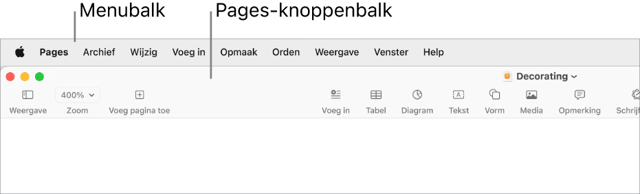 De menubalk boven in het scherm met de volgende menu's: Apple, Pages, Archief, Wijzig, Voeg in, Opmaak, Orden, Weergave, Deel, Venster en Help. Onder de menubalk wordt een Pages-document weergegeven met bovenaan een knoppenbalk met knoppen voor Weergave, Zoom, Voeg pagina toe, Voeg in, Tabel, Diagram, Tekst, Vorm, Media en Opmerking.