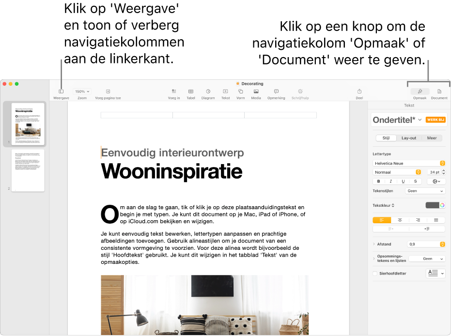 Het Pages-venster met uitleg bij de knop voor het Weergave-menu en de knoppen 'Opmaak' en 'Document' in de knoppenbalk. De navigatiekolommen zijn links en rechts geopend.