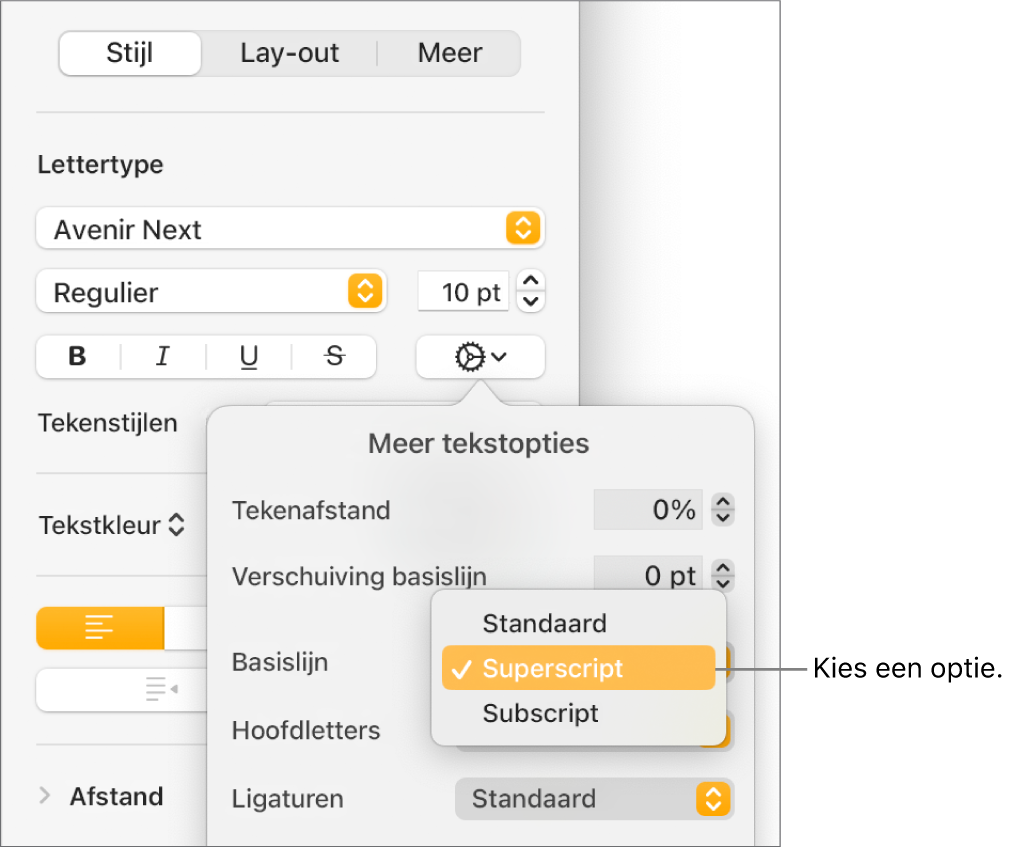 Het menu met geavanceerde opties waarin het pop‑upmenu 'Basislijn' geopend is met daarin de menuopties 'Standaard', 'Superscript' en 'Subscript'.